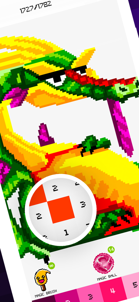 Magico: Fun Pixel Art Coloring - A screenshot of the Magico app showing a pixel art dragon being colored by numbers with special magic tools.