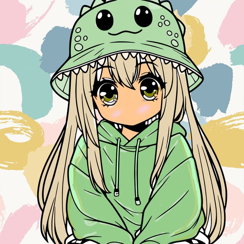 girl with anime shaped eyes with a dinosaur bucket hat oversized sweatshirt long straight hair
