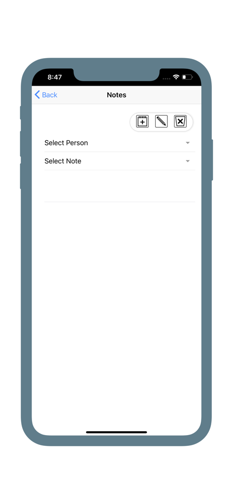 Genetic Matrix - Genetic Matrix app interface showing the notes management screen with options to select a person and a note