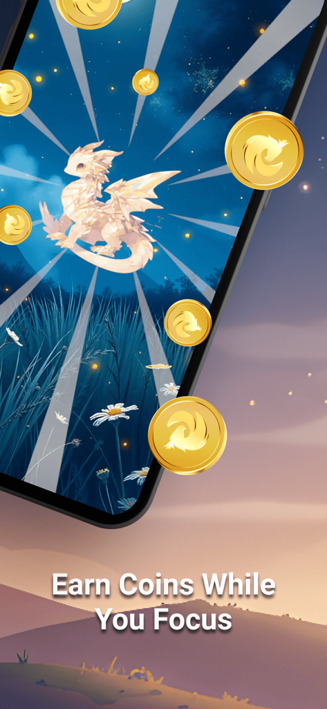 Fluffle: Focus With Dragons - スマートフォン画面に、白いドラゴンと浮遊する金貨が表示され、「集中中にコインを獲得」というテキストが表示されています。