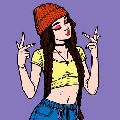 realistic teenage girl with braids and a beanie and crop top doing 🫶🏼