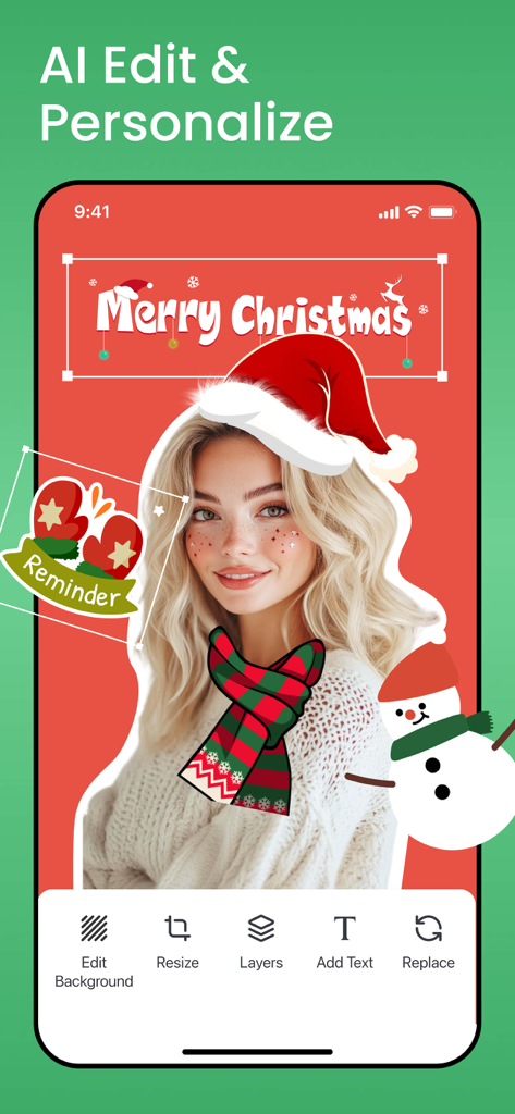 Interface of the AI photo editor app showing a portrait with holiday stickers and text