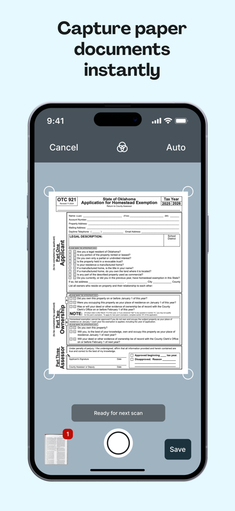 Lumin: View, Edit, Share PDF - Interfaz móvil de la aplicación Lumin para escanear documentos en papel en formato PDF.