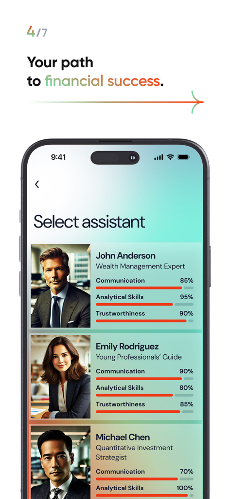 AI Finance Advisor - Écran de l'application mobile montrant une liste d'assistants financiers IA avec des notes de compétences individuelles pour la communication et l'expertise.
