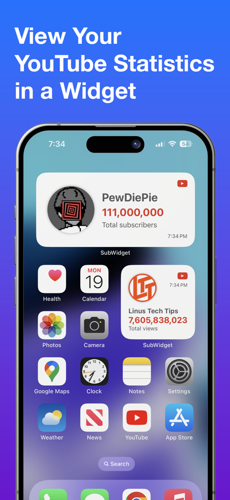 SubWidget - Widget for YouTube - iPhone home screen with SubWidget widgets showing live YouTube subscriber and view counts