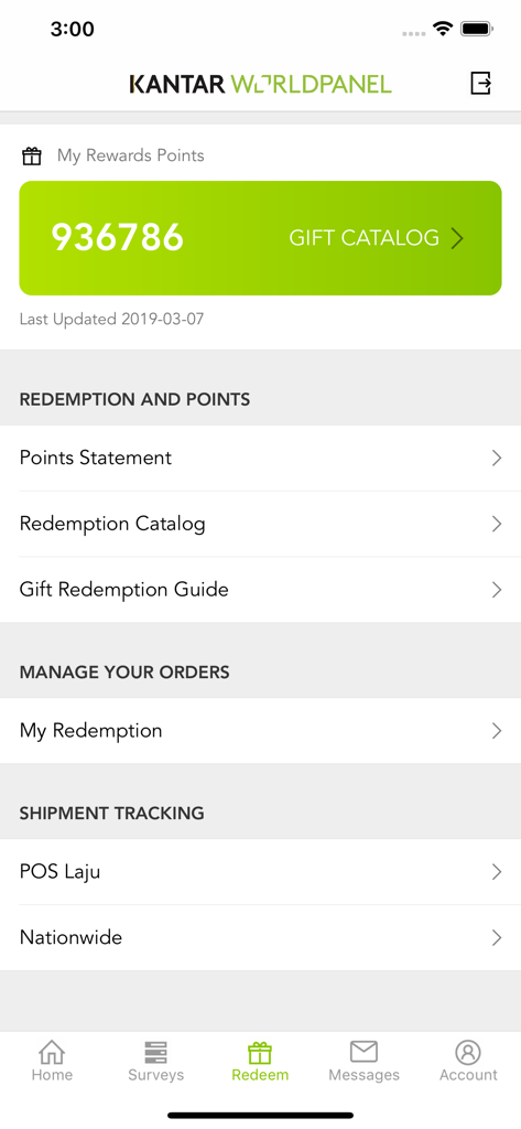 Panel Home - Panel Home app rewards screen showing current points balance and options for redemption catalog and shipment tracking.