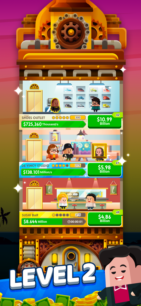 Gameplay screenshot of Cash Inc showing a business tower with a sushi bar art studio and shoe outlet earning billions