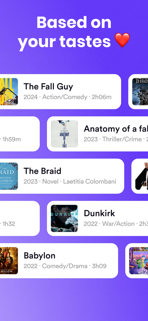 Una pantalla de la aplicación Memorizer que muestra recomendaciones personalizadas de películas y libros basadas en los gustos del usuario