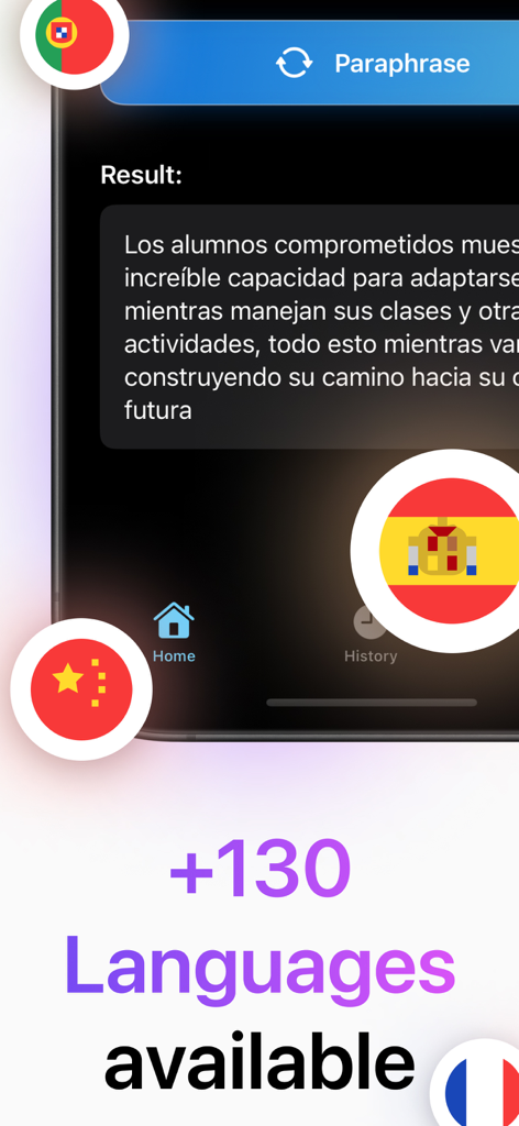Interfaz de la aplicación Humanize AI que muestra soporte para más de 130 idiomas con varios iconos de banderas nacionales.