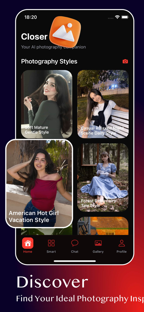 Closer - Join chat - Interfaz de la aplicación Closer mostrando diferentes estilos de fotografía e inspiraciones estéticas para los usuarios