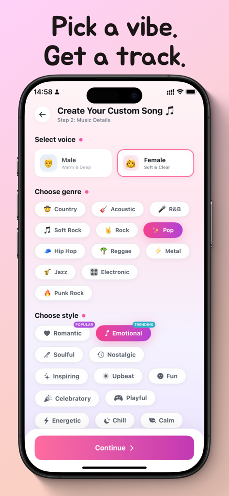 Songloom: AI Song Maker - Pantalla de la aplicación Songloom para elegir la voz, el género musical y el estilo de la canción para una pista generada por IA personalizada.