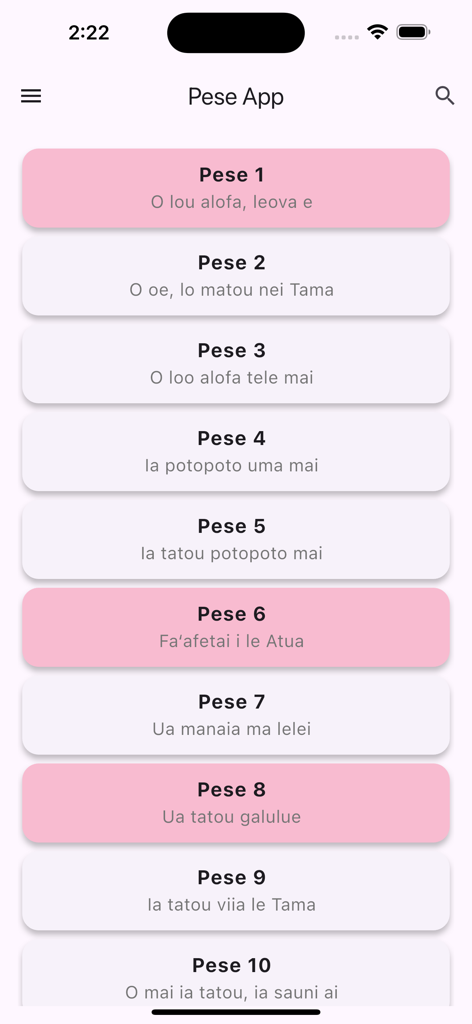 Pese App - A list of numbered Samoan hymns in the Pese App interface