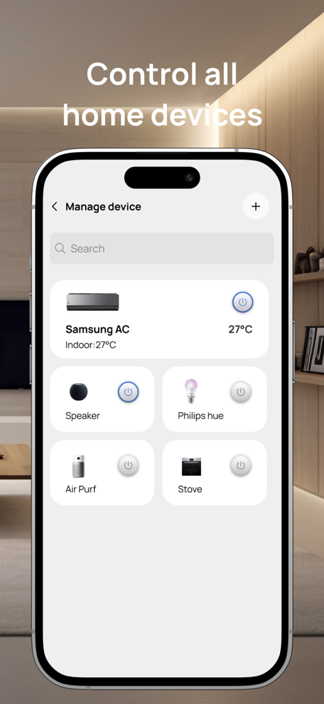 Pantalla de iPhone mostrando el panel de control de la app Smart Life con controles para iluminación de AC y electrodomésticos