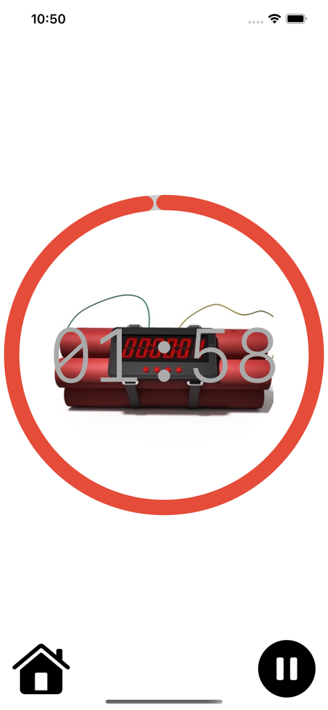 폭탄 타이머 앱 화면, 빨간색 원형 진행 표시줄과 함께 다이너마이트 번들 카운트다운 표시