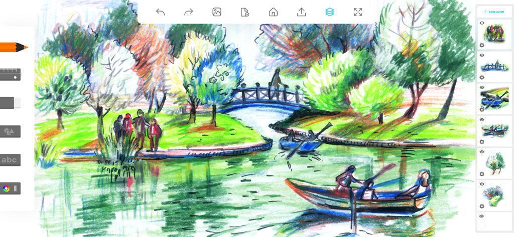 ArtDraw: Sketch & Paint Studio - A digital drawing of a park landscape with a lake and bridge being created in the ArtDraw app interface with visible layers and brush tools.