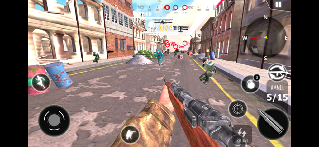 World War Survival Saga - Captura de pantalla del juego que muestra una perspectiva en primera persona de un soldado con un rifle en una batalla callejera de la Segunda Guerra Mundial.