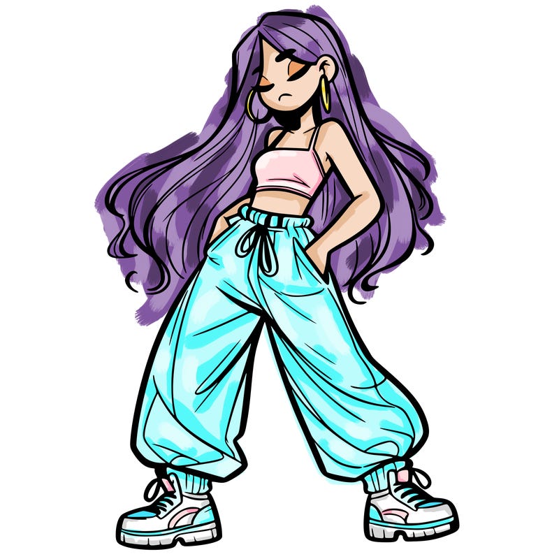 girl in baggy pants crop top and long hair
