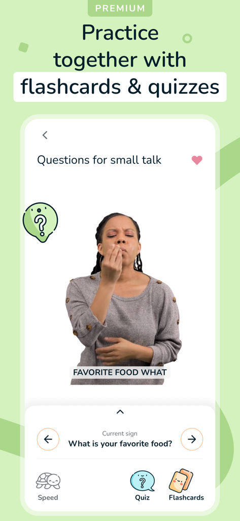 ASL Bloom app interface showing sign language practice with video demonstrations, quizzes, and flashcards.