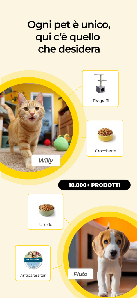 Arcaplanet – Pet store online - Interfaccia dell'app Arcaplanet che mostra suggerimenti personalizzati di prodotti per cani e gatti.