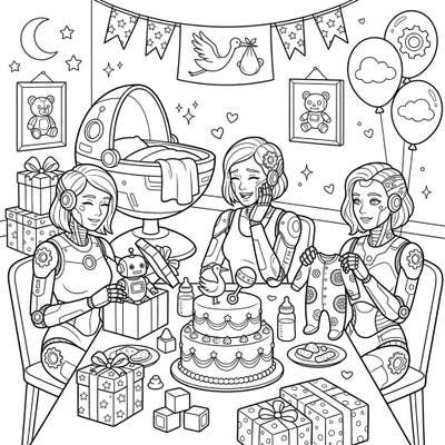 Dive into a wonderfully unique celebration with our Cyborg Baby Shower coloring page. Join these cheerful mechanical friends as they gather to welcome a new tiny arrival in a scene filled with futuristic charm and classic baby shower joy.