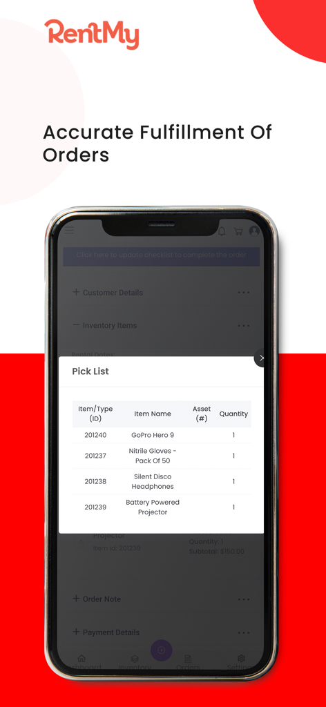 RentMy Rental Software - RentMy mobile App-Oberfläche, die eine digitale Abholliste für die Erfüllung des Mietinventars anzeigt.