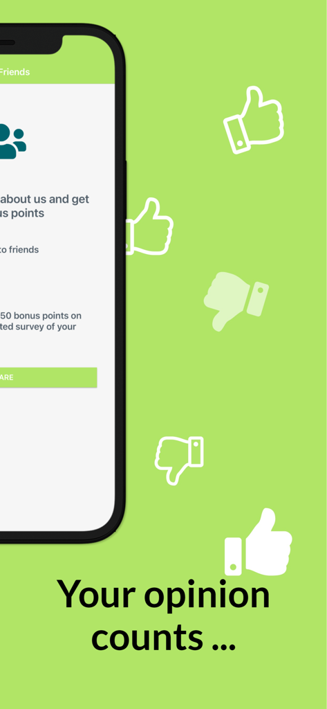 Pantalla de smartphone con la aplicación Marketagent y el texto Tu opinión cuenta, rodeado de iconos de pulgar arriba y pulgar abajo sobre un fondo verde lima.