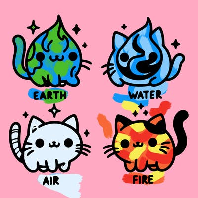 4 cats that represent the different elements, earth, water, air, and fire