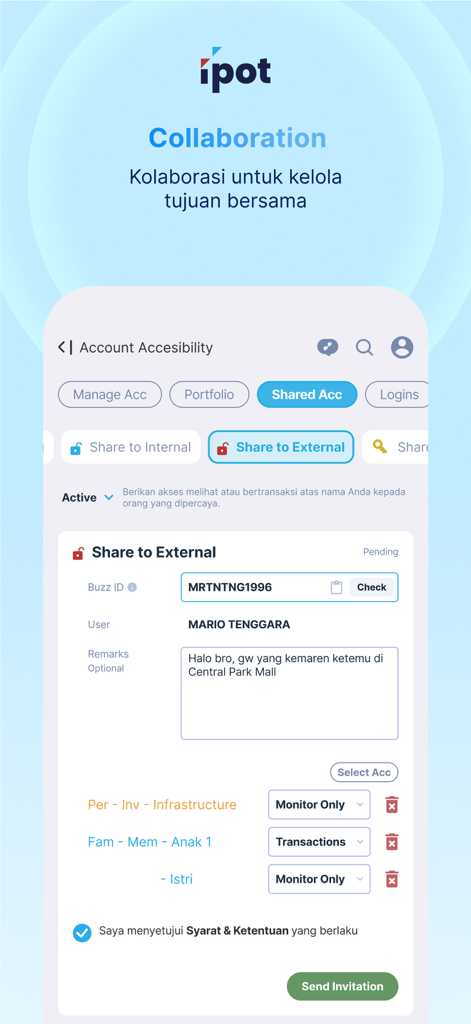 IPOT app screen showing the shared account access and collaboration feature
