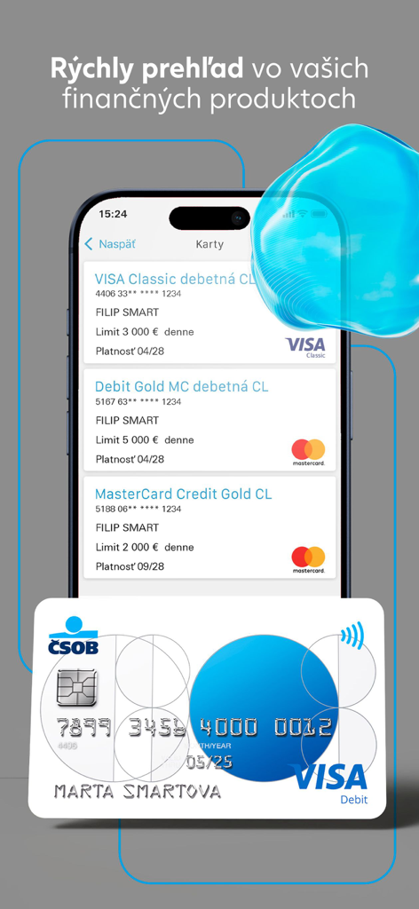Visão geral de cartões de débito e crédito no aplicativo móvel CSOB SmartBanking em um iPhone