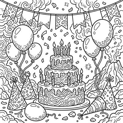 Dive into a truly one-of-a-kind celebration with our Volcanic Ash Birthday Party coloring page. This intricate line art combines festive birthday elements with dramatic volcanic textures, offering a unique creative challenge for all ages.