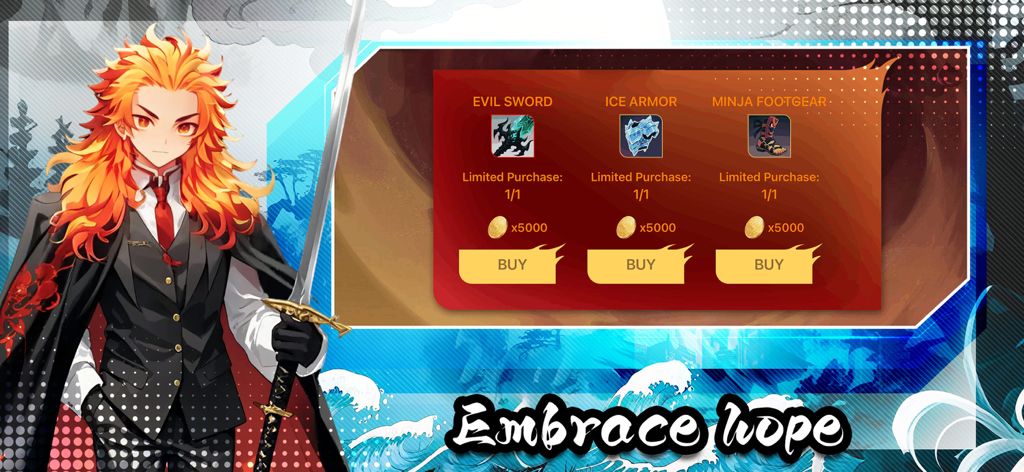 Anime hero character standing next to a weapon and armor shop in Swordsman Redemption