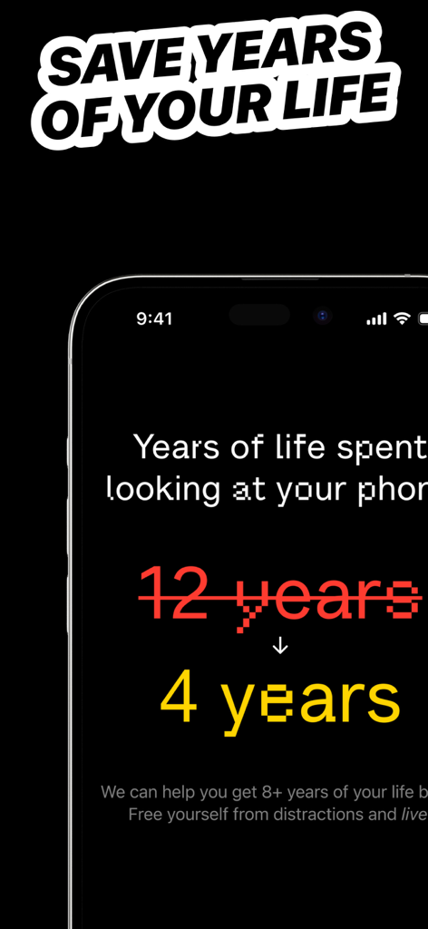 Pantalla de la aplicación Lifeback que muestra cómo el control del tiempo de pantalla puede ahorrar más de 8 años de tu vida de las distracciones del teléfono.