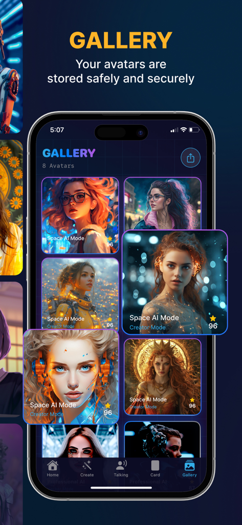 Ai Avatar Pro - A gallery screen showing various stylized AI generated portraits and avatars