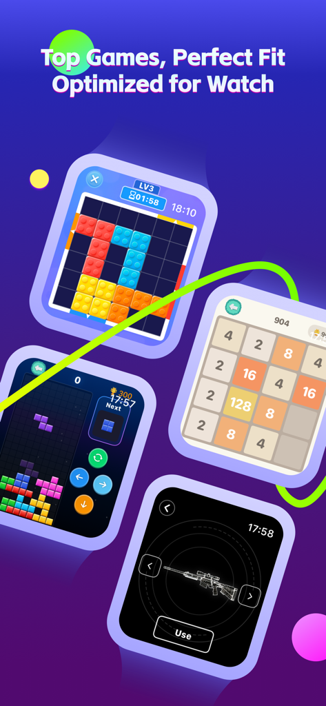 Games For Watch! - A collection of mini games including block puzzles and strategy games optimized for smartwatch screens.