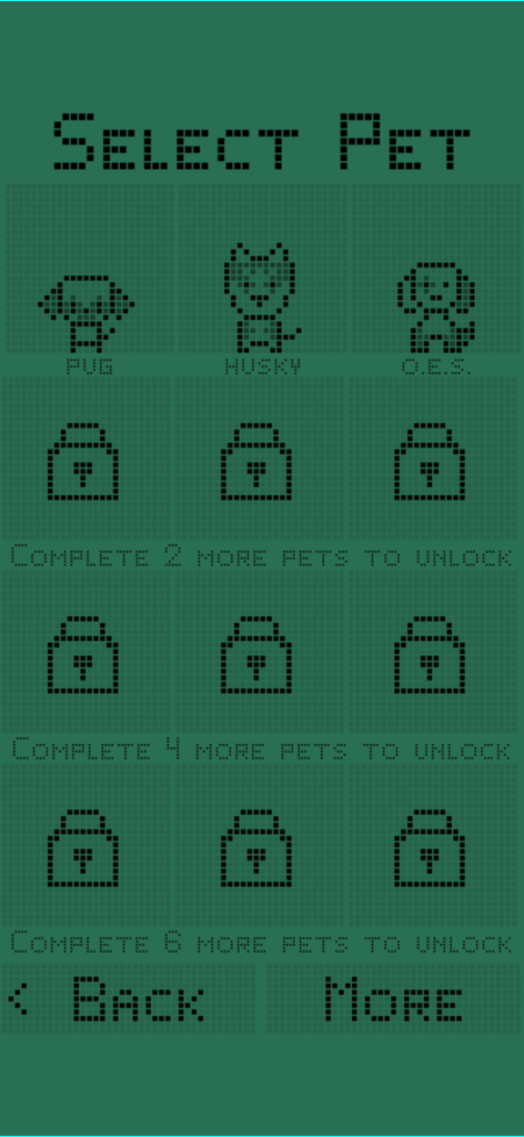 Retro pet selection screen in Dogotchi showing pixel art dogs and locked breeds