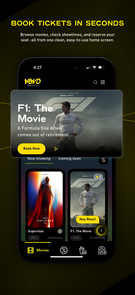 Schermata principale dell'app mobile Novo Cinemas che mostra le opzioni dei film e un'interfaccia di prenotazione.