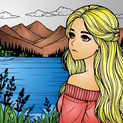 beautiful girl looking at the lake with mountains background, realistic