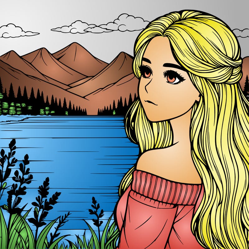 beautiful girl looking at the lake with mountains background, realistic