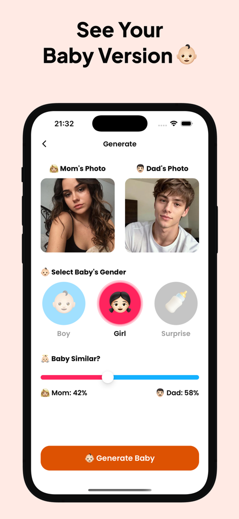 BabyLens: Future Baby Maker - Interface do aplicativo móvel mostrando uploads de fotos dos pais, seleção de gênero e controle deslizante de similaridade para geração de bebê de IA.
