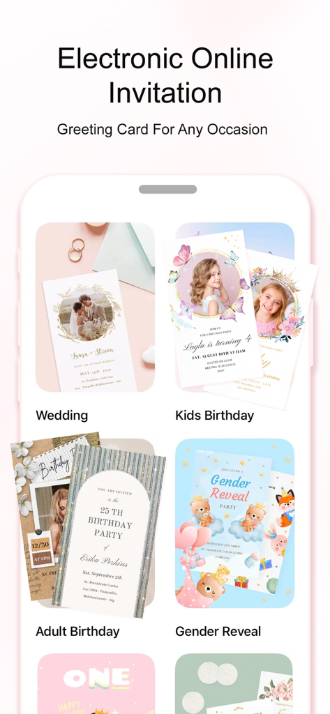 Interfaccia dell'app Invitation Maker che mostra modelli di biglietti digitali per matrimoni, compleanni di bambini, compleanni di adulti e rivelazioni di genere.