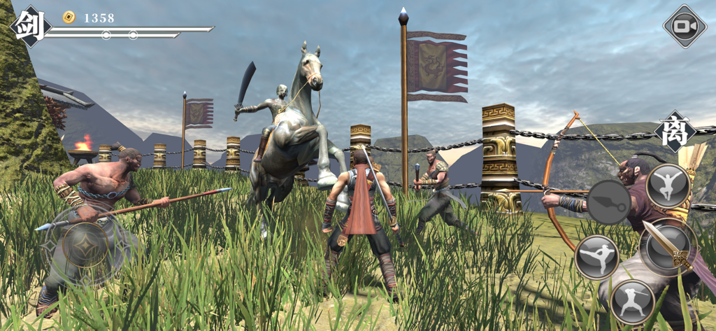 Jugabilidad de Nine Night mostrando a un guerrero en tercera persona luchando contra múltiples enemigos, incluido un caballero montado, en un campo abierto.