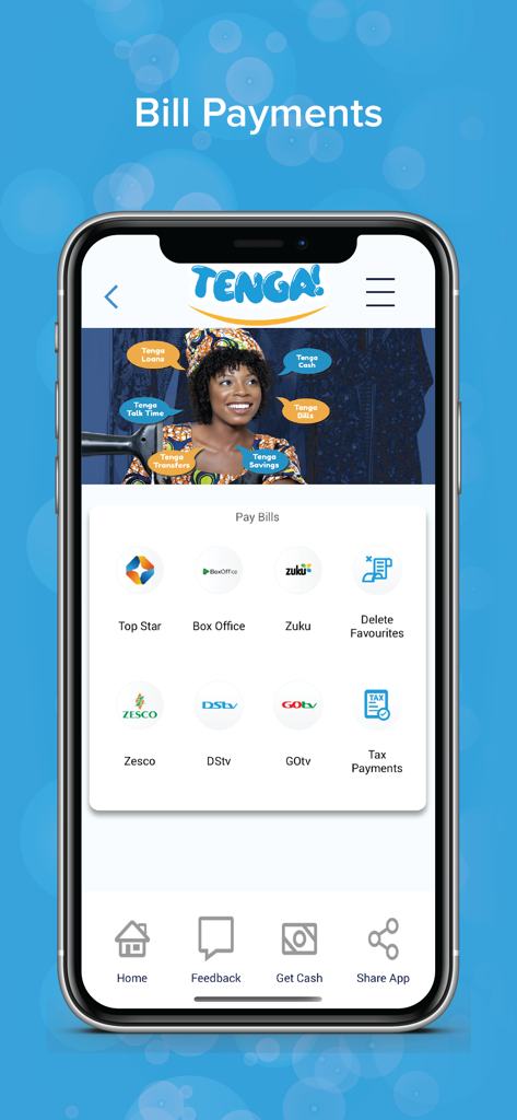 Tenga Mobile Money - Interfaz de la aplicación Tenga Mobile Money que muestra opciones de pago de facturas de servicios públicos para Zesco, DStv y GOtv