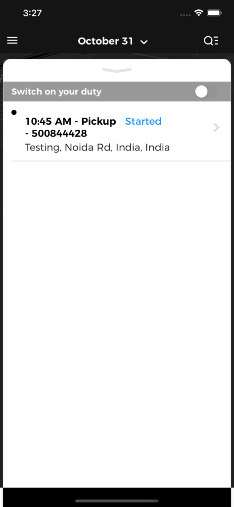 Rapido Rider app interface showing a duty toggle switch and pickup order details for a delivery driver