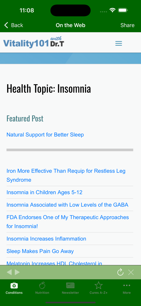 Cures A-Z - Mobile app screen showing articles about insomnia and natural sleep remedies from Dr. Teitelbaum.