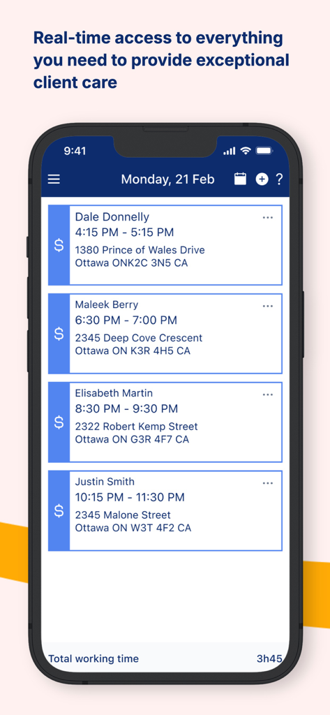 AlayaCare app interface showing a list of scheduled home care visits with client names and times.