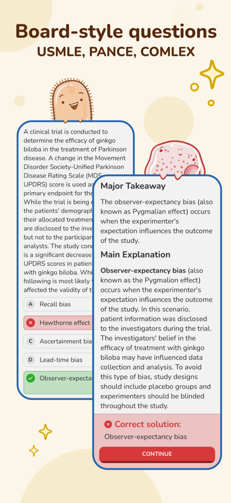 Osmosis: Medical School Notes - Osmosisアプリのインターフェース。正解の詳細な説明付きの、国家試験スタイルの医学試験問題が表示されている。