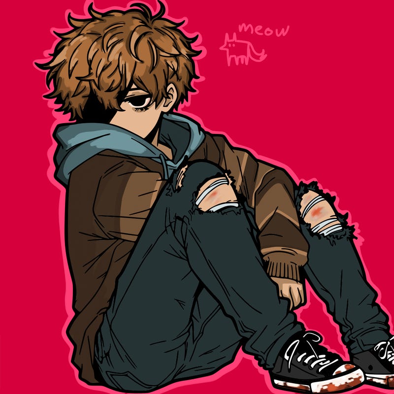a male hoddie ripped jeans messy hair anime