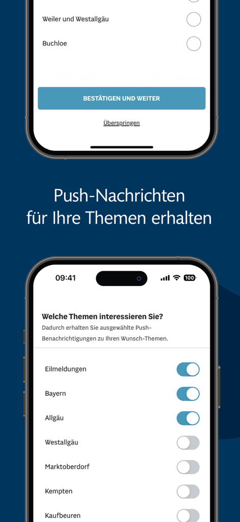 Una pantalla de teléfono móvil de la aplicación Allgauer Zeitung News mostrando opciones para habilitar notificaciones push para temas regionales específicos como Baviera y Allgau