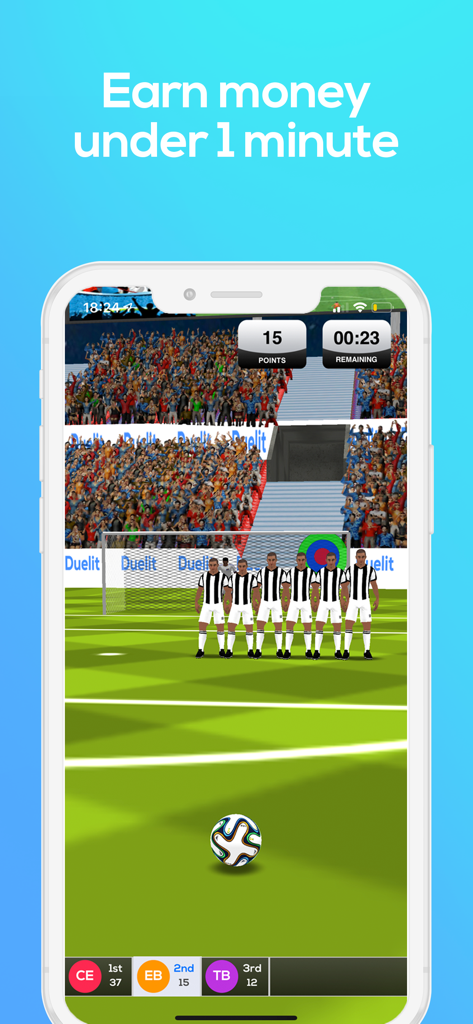 A soccer game screen on the Duelit app featuring a free-kick challenge with a one minute timer and score tracker.