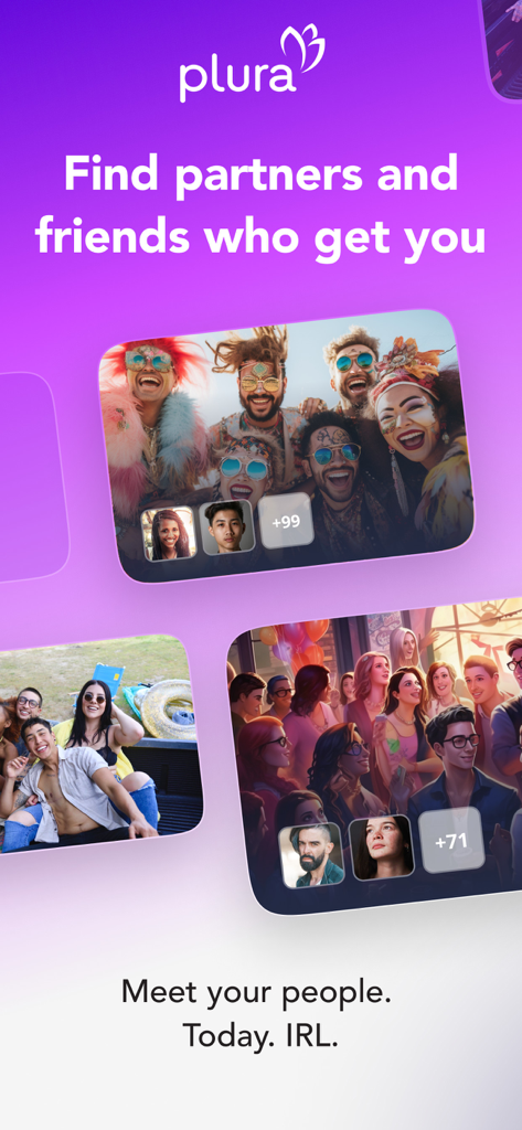 Werbebild für die Plura-App mit verschiedenen sozialen Events und dem Slogan Finde Partner und Freunde, die dich verstehen